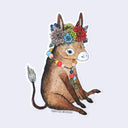 Sticker of a donkey with a colorful headdress and necklace on a light gray background