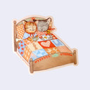 Illustration of two cats in bed with a quilt that says "I (heart) you" and reading a book while one drinks tea.