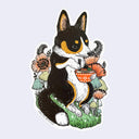 Illustration of a tricolor Corgi holding a bowl with flowers and plants around it.
