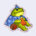 Illustrated sticker of a frog wearing a small wizard hat with stars, with a matching cape and crocheting next to a ball of orange yarn.