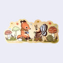 Sticker with a fox and a moth, sitting on stools made from tree trunks, drinking tea with mushrooms and stars around.