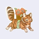 Die cut sticker of an illustrated fluffy and cute tiger, with a basket of large flowers atop its back.