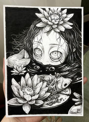 Black ink illustration of a person with long hair and very sunken eyes, mostly submerged in a body of water, only their nose up being visible. Around them are lily pads and remains of bones and guts of a creature, on the lily pad like a plate.