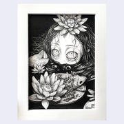 Black ink illustration of a person with long hair and very sunken eyes, mostly submerged in a body of water, only their nose up being visible. Around them are lily pads and remains of bones and guts of a creature, on the lily pad like a plate.