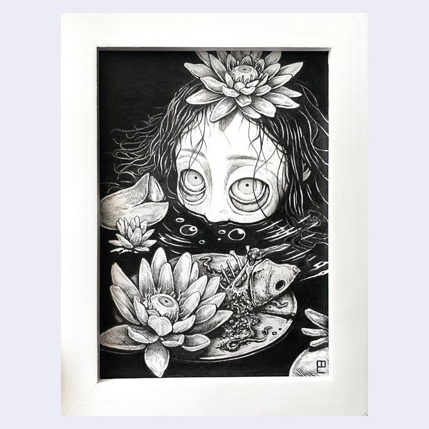 Black ink illustration of a person with long hair and very sunken eyes, mostly submerged in a body of water, only their nose up being visible. Around them are lily pads and remains of bones and guts of a creature, on the lily pad like a plate.