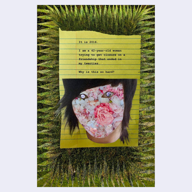 Collaged page of various patterns, a yellow lined sheet of paper with typed writing on it and a floral collage over someone's face. Page excerpt. 