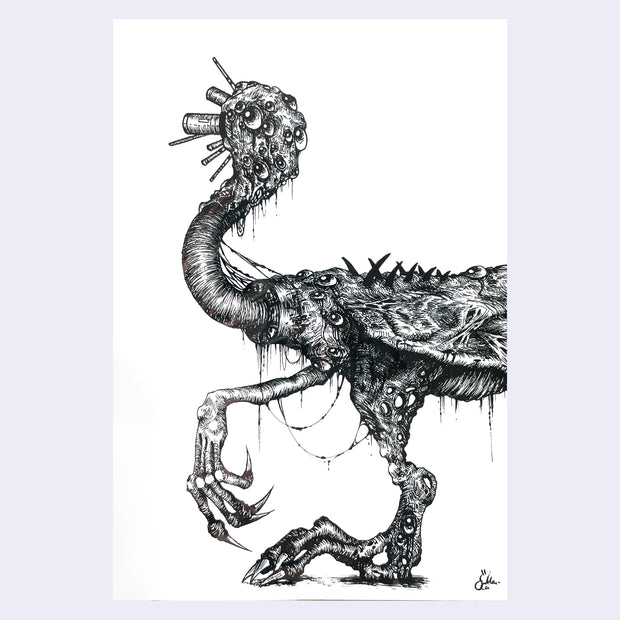 Ink illustration on white paper of a ostrich type creature with many saggy eyeballs coming out of all parts of its body, and various stringy and horror style thematics.