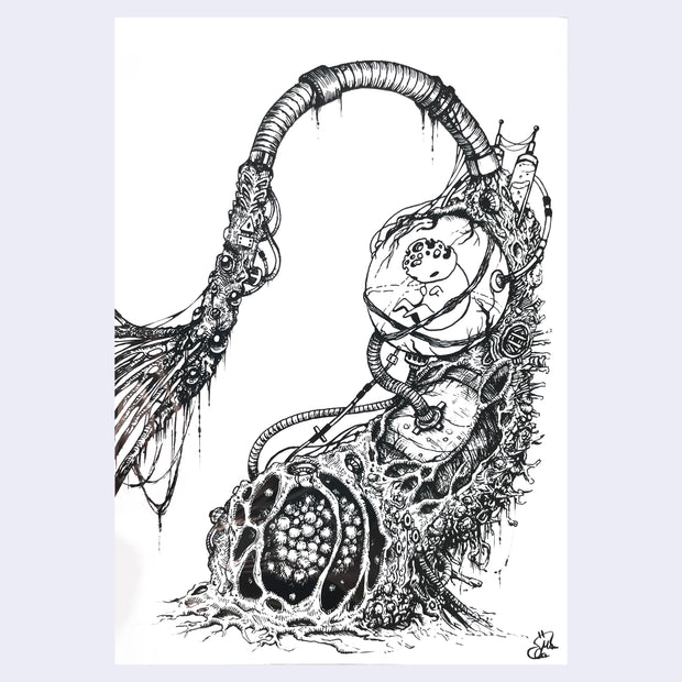 Black ink illustration on white paper of a stringy, sci fi thematic image of a small creature floating in a dome attached by pipes and wires to a mass of decomposing matter.