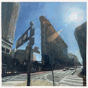 An impressionistic city street scene painting featuring tall buildings, a street signpost in the foreground, crosswalks, and a bright blue sky with sunlight.