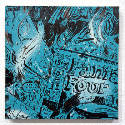 Blue Illustration of a Fantastic Four comic book with flames all around it and scenes from the comic popping out.