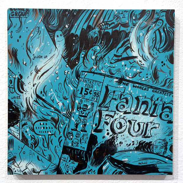 Blue Illustration of a Fantastic Four comic book with flames all around it and scenes from the comic popping out.