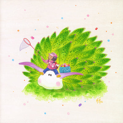 Illustration of a girl with a large net and a bag of cans near her. She smiles and sits atop of a giant fantasy type slug, white with purple feelers and many green spikes behind it, like a succulent.