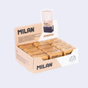 Box of 16 square erasers in a plastic casings, with a black holder on the bottom and a brown clear plastic cap on top.