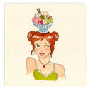 Illustration of a woman with an ice cream sundae on her head against a beige background