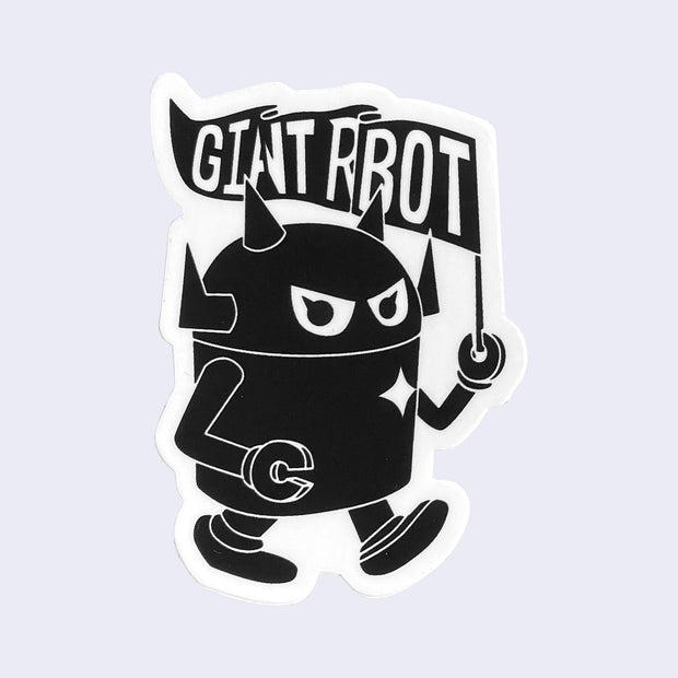 White cut out sticker of a black Big Boss Robot, walking and carrying a pennant style flag in one hand, that reads "Giant Robot" with slightly bunched letters where the flag fabric folds in on itself.