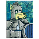 A painting featuring a stylized cartoon knight in gray armor with a yellow dog-like face, holding a sword and shield against a blue spiderweb background.