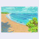Painting of a beach scene with blue water, sand, and greenery.