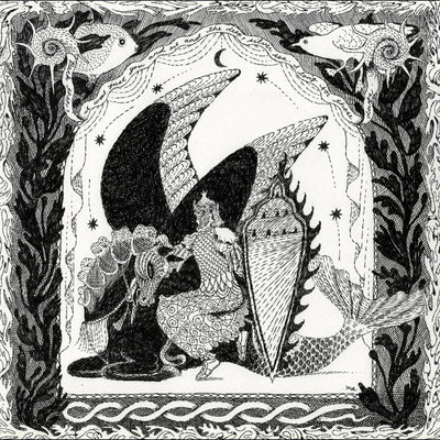Black and white illustration of a knight kneeling with a pegasus, who also has head and neck armor. The illustration is framed by a border of plants, fish and birds.