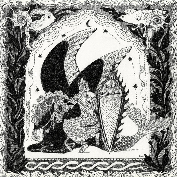 Black and white illustration of a knight kneeling with a pegasus, who also has head and neck armor. The illustration is framed by a border of plants, fish and birds.