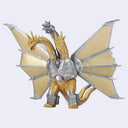 A Mecha King Ghidorah toy figure with a gold dragon body, 2 dragon-like heads, 1 robotic head, silver armor, and large beige wings, shown against a light gray background.