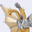 A Mecha King Ghidorah toy figure with a gold dragon body, 2 dragon-like heads, 1 robotic head, silver armor, and large beige wings, shown against a light gray background.