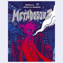 A stylized illustrated book cover featuring the title “METADOGGOZ” in large white letters, with “BÉrénèce Motaïs de Naronne” at the top. The artwork shows a surreal neon scene in blue, purple, pink, and red tones, with a central figure, smoke, and a skull-like figure.