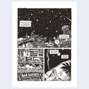 A black and white comic book style art print featuring three panels with illustrated street signs, a clock, a burger stand, and a person lying down, shown on a white background.