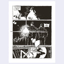 A black and white comic-style art print featuring three horizontal panels with illustrated figures, speech bubbles, and dynamic action lines on a white page against a light gray background.