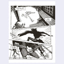 A black and white comic-style art print featuring three panels with a stylized running figure and speech bubbles, shown centered on a light gray background.