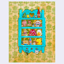 Illustration of a blue toy shelf with various toys on a patterned background
