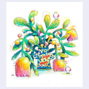 Colorful illustration of a plant with a vase and small figures on a white background