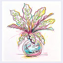 Colorful illustration of a plant with a small creature inside of the clear vase, with fish swimming around it on a light purple background.