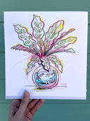 Colorful illustration of a plant with a small creature inside of the clear vase, with fish swimming around it, held up by a hand.