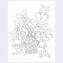 Line art illustration of a vase of flowers, with cartoon cats around them and fish on the vase.