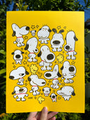 Illustrations of a dog character on a yellow background held against a green leafy background