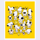 Repetition of a cartoon dog character on a yellow background