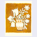 Illustration done in yellow ochre of a vase with flowers and a small cat standing atop it.