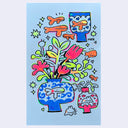 Colorful abstract art with flowers and vases on a light blue background