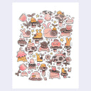 Illustrations of cute animal characters in various poses on a light purple background.