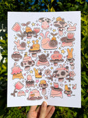 Sheet of cartoon character illustrations held over a green leafy background