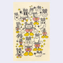 A vertical art print featuring a collection of hand-drawn cartoon mouse-like characters, all wearing red shorts with yellow buttons and yellow boots, in various poses and styles. With the text 'MRR' in the lower right.