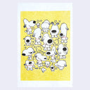 An art print featuring a collection of cartoon dog character illustrations on a textured yellow background, bordered by a white margin.