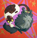 Painting of 2 cartoon style cats on a colorful abstract background with stars