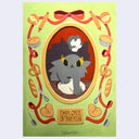 Painting of a cartoon cat angrily kneading dough, framed by illustrated bow and baked goods with a small plaque that reads "employee of the year"