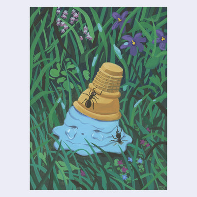 Painting of an upside down ice cream cone in a tall grass with wildflowers. Ice cream is blue with a small crying face on it, and 2 ants crawl over the melting mess.