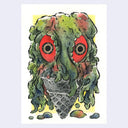 Ink and watercolor illustration of a black ice cream cone with a scoop of dark green and red ice cream, shaped like Hedorah, a green smog monster with large red and yellow eyes.