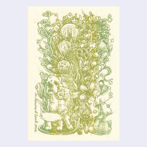Green ink illustration of a bouquet of many flowers and a small dog sitting nearby.