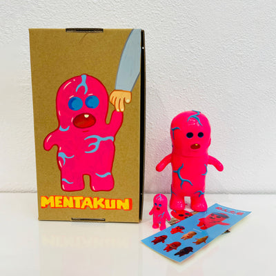 Hot pink soft vinyl figure of a cartoon style penis, standing up on 2 feet with 2 arms. It has blue veins around it and a smaller clone of it stands nearby. Both are beside a painted box.