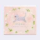 memo pad cover with a gray cat, white flowers and pink background. Text reads "meow / Mariko Fukuoka"