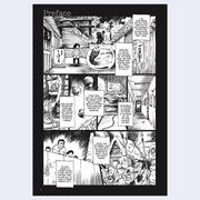 Page excerpt, black and white comic panel with accompanying story.